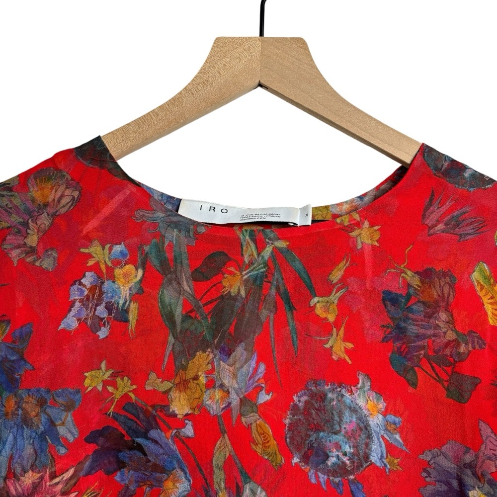 IRO Silk Floral Asymmetrical Blouse Top Boat Neckline Luxury EU 36 US S - Picture 4 of 8
